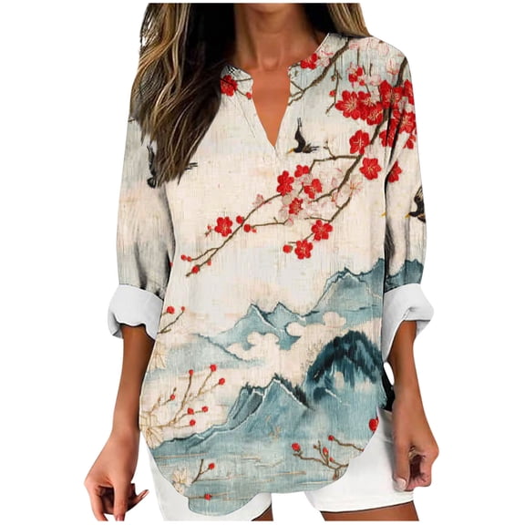 Ruimatai Women's Casual V-Neck Long Sleeve Blouse Soft Comfortable Loose Fit Printed Tops for Daily Wear Party Office Travel