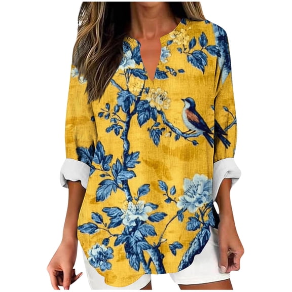 Ruimatai Women's Casual V-Neck Long Sleeve Blouse Soft Comfortable Loose Fit Printed Tops for Daily Wear Party Office Travel