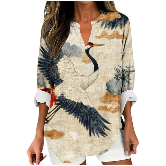 Ruimatai Women's Casual V-Neck Long Sleeve Blouse Soft Comfortable Loose Fit Printed Tops for Daily Wear Party Office Travel