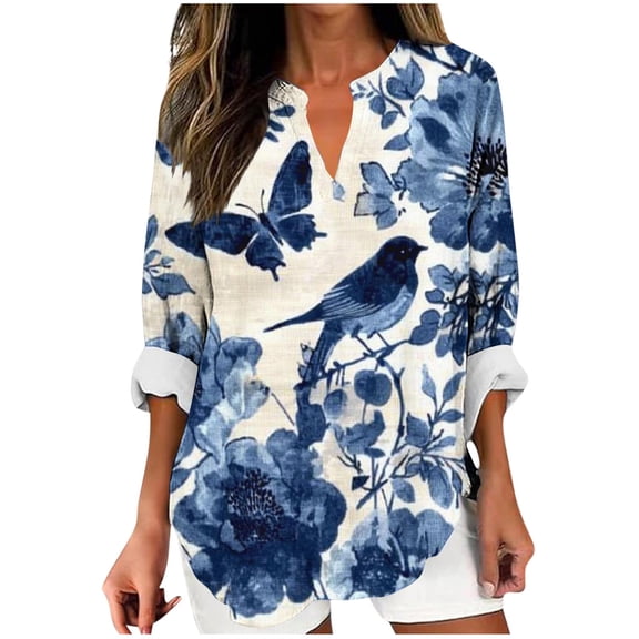Ruimatai Women's Casual V-Neck Long Sleeve Blouse Soft Comfortable Loose Fit Printed Tops for Daily Wear Party Office Travel