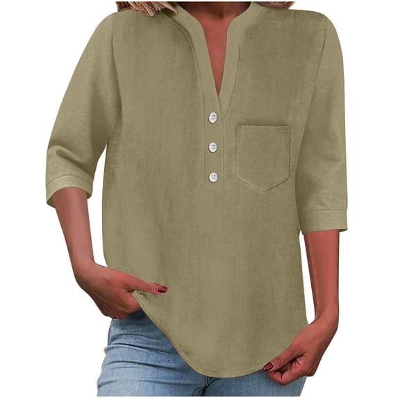 Ruimatai Women's Casual V-Neck Loose Blouse Shirt with Pocket, Soft Breathable Button Down Top for Everyday Wear