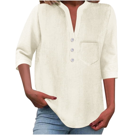 Ruimatai Women's Casual V-Neck Loose Blouse Shirt with Pocket, Soft Breathable Button Down Top for Everyday Wear