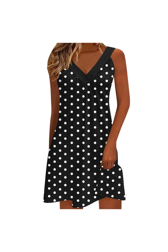 Women's Casual V-Neck Polka Dot Dress with Elastic Waist Flattering Sleeveless Maxi Dress