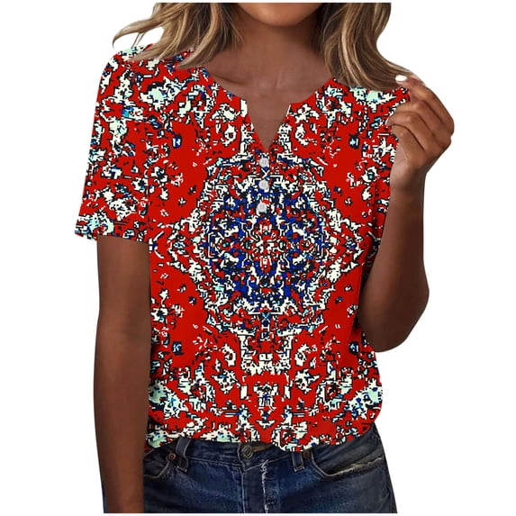Ruimatai Women's Casual V-Neck Printed Button-Down Blouse Loose Fit Short Sleeve Tops Comfortable Fashionable Tunic for Daily Wear