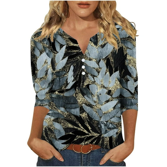 Ruimatai Women's Casual V-Neck Printed Button T-Shirt 3/4 Sleeve Loose Fit Comfortable Soft Breathable Fashion Top