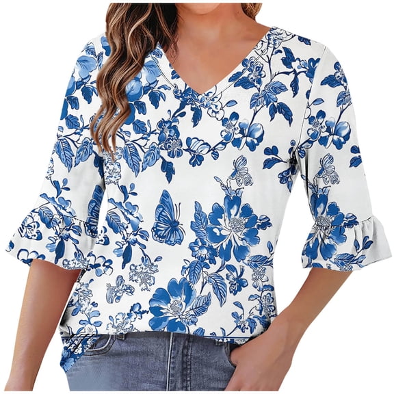 Ruimatai Women's Casual V-Neck Printed Loose Fit Short Sleeve Blouse Top with Lace Trim Comfortable Stylish Daily Wear