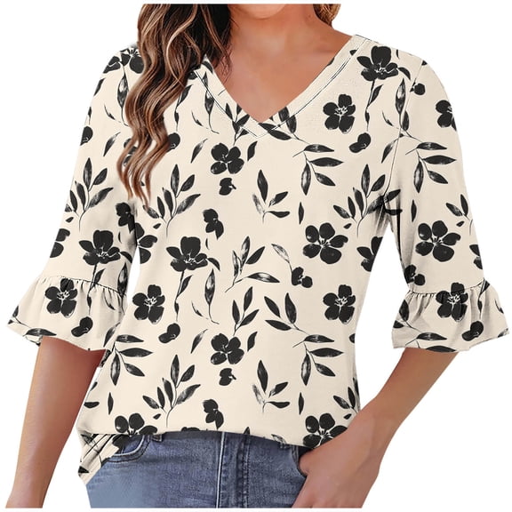 Ruimatai Women's Casual V-Neck Printed Loose Fit Short Sleeve Blouse Top with Lace Trim Comfortable Stylish Daily Wear