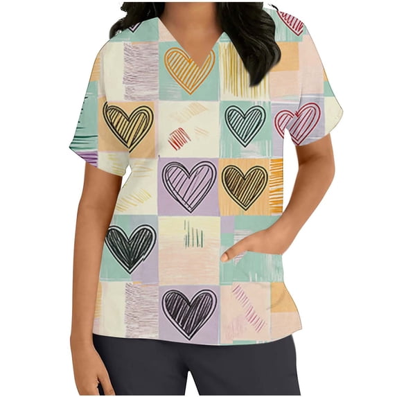 Ruimatai Women's Casual V-Neck Printed Short Sleeve Top with Pocket Comfortable Stretchy Blouse for Work and Home