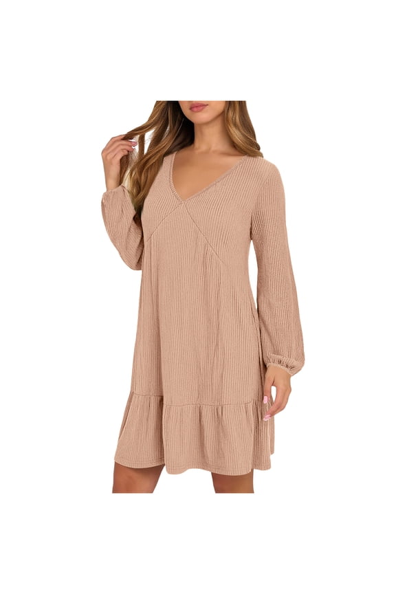 Women's Casual V-Neck Ribbed Brushed Dress Long Sleeve Solid Color Flattering Everyday Comfortable Stretchy Knit Tunic