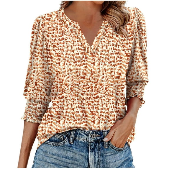 Ruimatai Women's Casual V-Neck Ruffle Blouse Quarter Sleeve Printed Tops Comfortable Flowy Loose Fit Summer Beach Shirt S-2XL