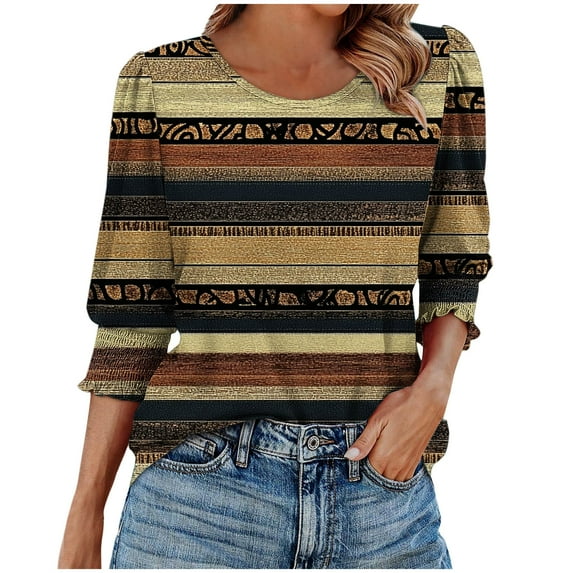 Ruimatai Women's Casual V-Neck Ruffle Blouse Quarter Sleeve Printed Tops Comfortable Flowy Loose Fit Summer Beach Shirt S-2XL