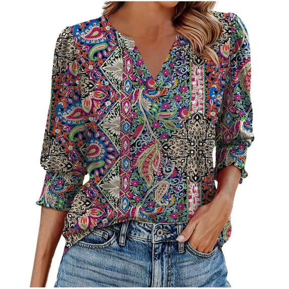 Ruimatai Women's Casual V-Neck Ruffle Blouse Quarter Sleeve Printed Tops Comfortable Flowy Loose Fit Summer Beach Shirt S-2XL