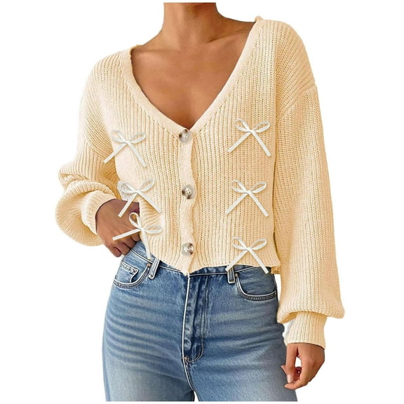 Ruimatai Women's Casual V-Neck Sweater Cardigan Long Sleeve Knit Top Bow Button Front Blouse Soft Acrylic Comfort Fit