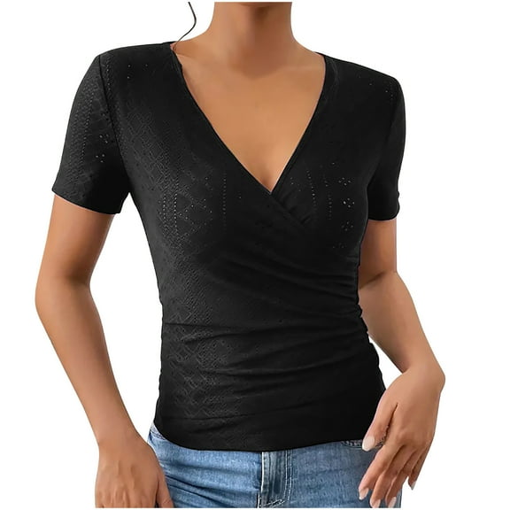 Ruimatai Women's Casual V-Neck Top Soft Breathable Slim Fit Short Sleeve Shirt for Spring Summer Daily Wear