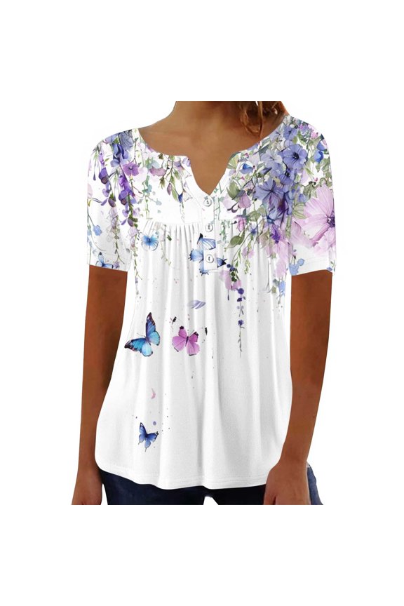 Women's Casual V-Neck Tunic Blouse Ruffle Waist Flattering Tops Soft Comfortable Short Sleeve Shirt for Summer