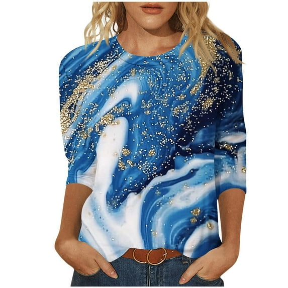 Ruimatai Women's Christmas 3/4 Sleeve T-Shirt Holiday Print Blouse Soft Round Neck Pullover Top Casual Comfortable Festive Apparel