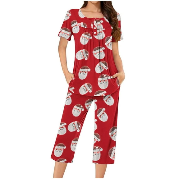 Ruimatai Women's Christmas Pajama Set Casual Short Sleeve Top & Cropped Pants Soft Sleepwear Loungewear Two Piece Outfit with Pocket