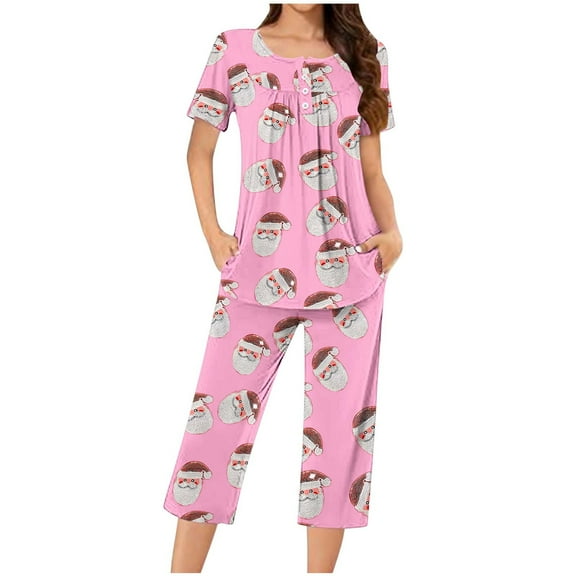 Ruimatai Women's Christmas Pajama Set Casual Short Sleeve Top & Cropped Pants Soft Sleepwear Loungewear Two Piece Outfit with Pocket