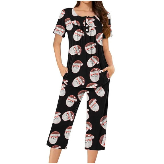 Ruimatai Women's Christmas Pajama Set Casual Short Sleeve Top & Cropped Pants Soft Sleepwear Loungewear Two Piece Outfit with Pocket