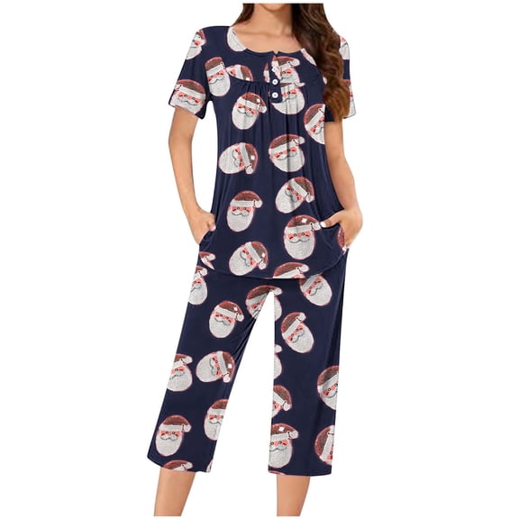 Ruimatai Women's Christmas Pajama Set Casual Short Sleeve Top & Cropped Pants Soft Sleepwear Loungewear Two Piece Outfit with Pocket