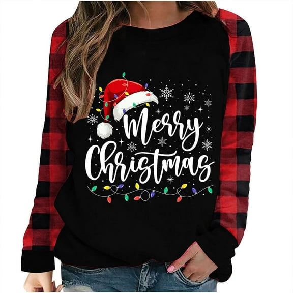 Ruimatai Women's Christmas Print Loose Fit Long Sleeve T-Shirt, Soft Polyester Round Neck Casual Blouse, Holiday Graphic Top for Daily Wear
