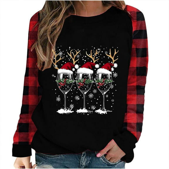 Ruimatai Women's Christmas Print Loose Fit Long Sleeve T-Shirt, Soft Polyester Round Neck Casual Blouse, Holiday Graphic Top for Daily Wear