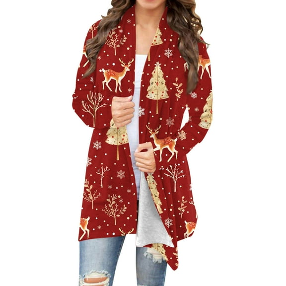 Ruimatai Women's Christmas Printed Cardigan Long Sleeve Open Front Soft Lightweight Polyester Knit Top Red