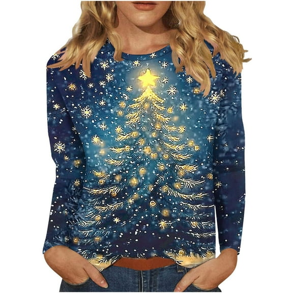 Ruimatai Women's Christmas Printed Long Sleeve T-Shirt, Soft Polyester Casual Blouse, Loose Fit Round Neck Tops for Holiday Party