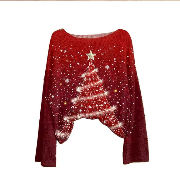 Ruimatai Women's Christmas Printed Pullover Sweater Long Sleeve Round Neck Soft Polyester Casual Holiday Top