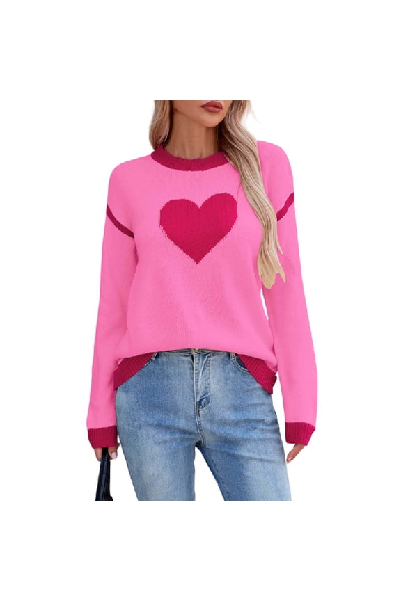 Women's Valentine Heart Print Sweater Round Neck Knitted Pullover Casual Long Sleeve Tops