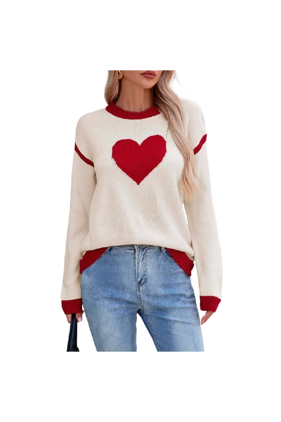 Women's Valentine Heart Print Sweater Round Neck Knitted Pullover Casual Long Sleeve Tops