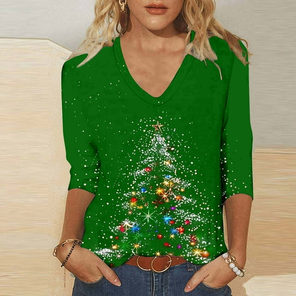 Ruimatai Women's Christmas V-Neck Shirts Ugly Xmas Basic Tee Casual Fashion 3/4 Sleeve Tunic Comfy Tops T-shirt Blouse