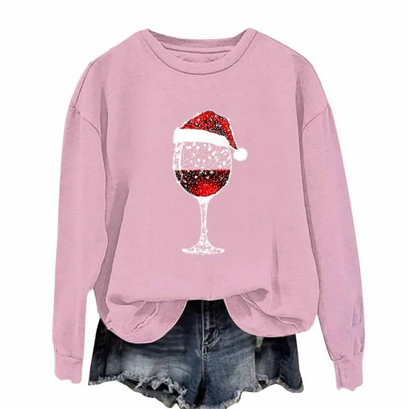 Ruimatai Women's Christmas Wine Glass Print Sweatshirt Long Sleeve Round Neck Soft Casual Pullover Tops Red Holiday Party