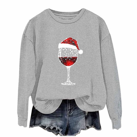 Ruimatai Women's Christmas Wine Glass Print Sweatshirt Long Sleeve Round Neck Soft Casual Pullover Tops Red Holiday Party