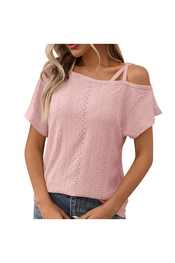 Women's Cold Shoulder Blouse Eyelet Embroidery Short Sleeve Loose Fit Summer Tops for Daily Wear