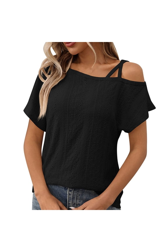 Women's Cold Shoulder Blouse Eyelet Embroidery Short Sleeve Loose Fit Summer Tops for Daily Wear