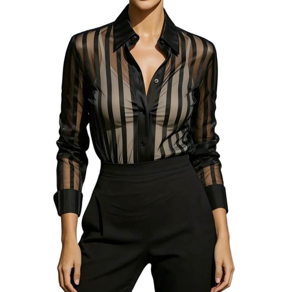 Ruimatai Women's Collared Button Down Shirts Sheer Striped Long Sleeve Slim Fit See Through Blouses for Office Club Evening Business Wear