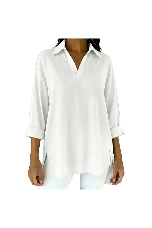 Women's Collared V Neck Tunic Shirts Roll Three Quarter Side Split Loose Casual Blouses for Spring Summer Resort Daily Wear