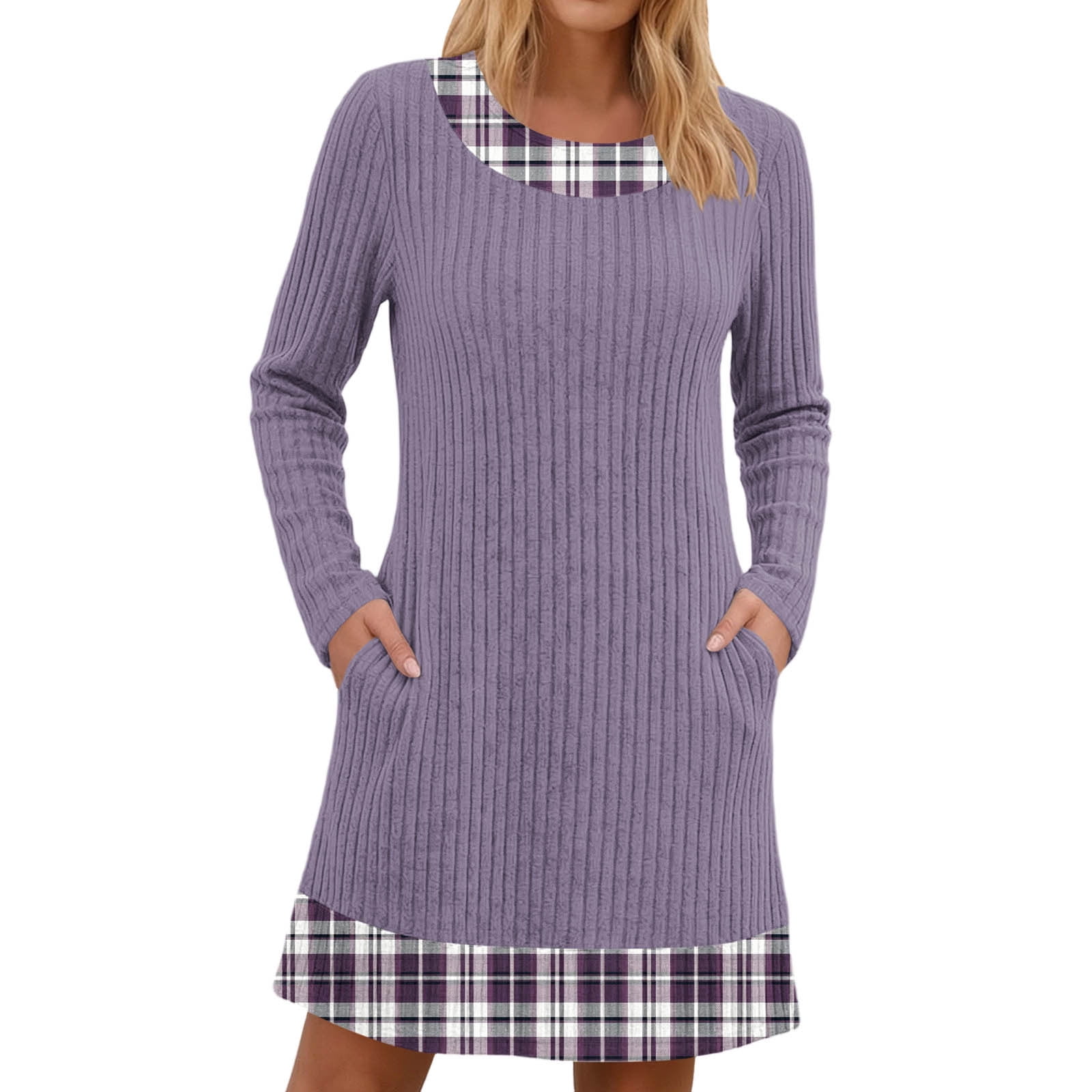 Ruimatai Women's Color Block Ribbed Knit Mini Dress Crew Neck Long ...