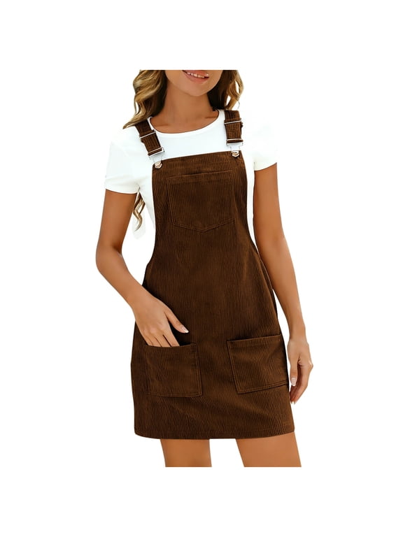 Women's Corduroy Overalls Dress Adjustable Straps Multi-Pockets Casual Jumpsuit Romper