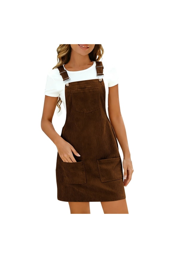 Women's Corduroy Overalls Dress Adjustable Straps Multi-Pockets Casual Jumpsuit Romper