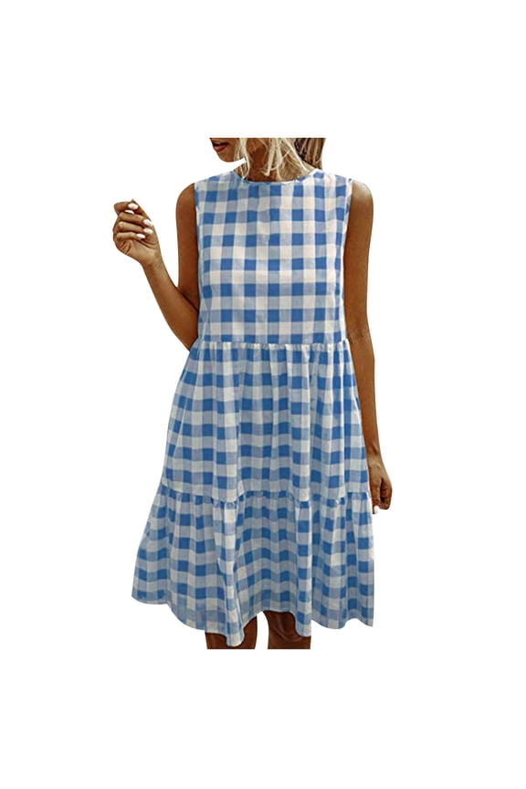 Women's Cotton Linen Dress Sleeveless Casual Summer Tank Dress with Pocket Round Neck Pleated Knee-Length Comfortable Fashion