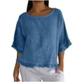 thumbnail image 1 of Ruimatai Women's Cotton Linen Shirt Casual Ruffle Pleated Hem Half Sleeve Round Neck Blouse Comfortable Breathable Summer Top, 1 of 8