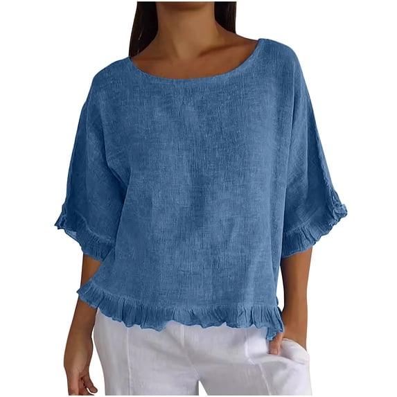 Ruimatai Women's Cotton Linen Shirt Casual Ruffle Pleated Hem Half Sleeve Round Neck Blouse Comfortable Breathable Summer Top