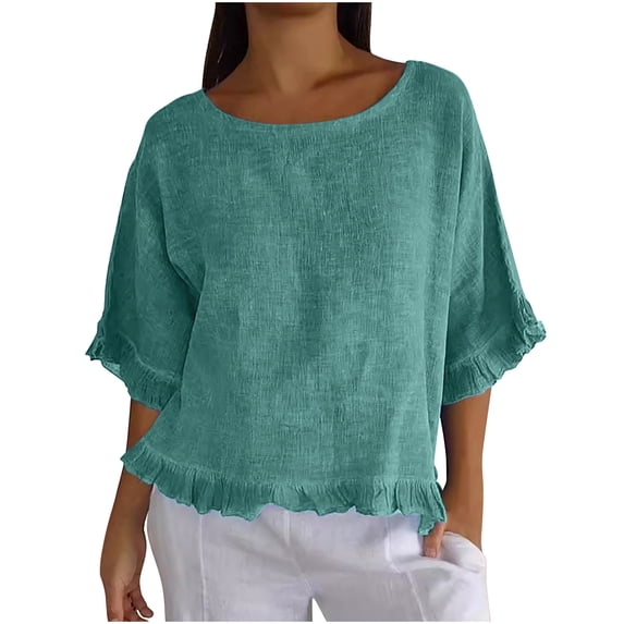 Ruimatai Women's Cotton Linen Shirt Casual Ruffle Pleated Hem Half Sleeve Round Neck Blouse Comfortable Breathable Summer Top