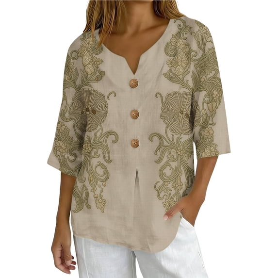 Ruimatai Women's Cotton Linen Shirt V-Neck Loose Blouse Top with Long Sleeve, Soft Breathable Comfortable Tunic for Casual Daily Wear
