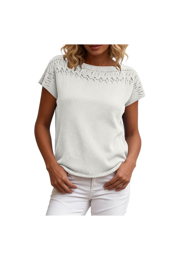 Women's Crew Neck Eyelet Knit Short Sleeve Loose Fit Casual Tops for Women Daily Summer Comfort Wear