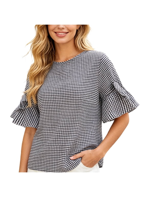 Women's Crew Neck Gingham Ruffle Sleeve Loose Fit Casual Tops for Women Daily Summer Comfort Wear