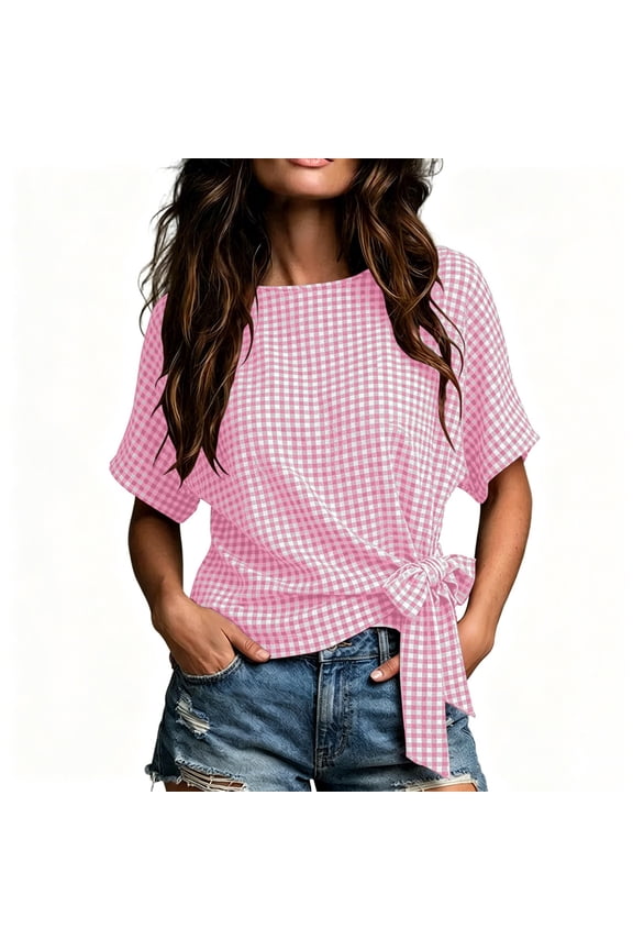Women's Crew Neck Gingham Side Tie Dolman Short Sleeve Loose Fit Casual Tops for Women Summer Everyday & Street Wear