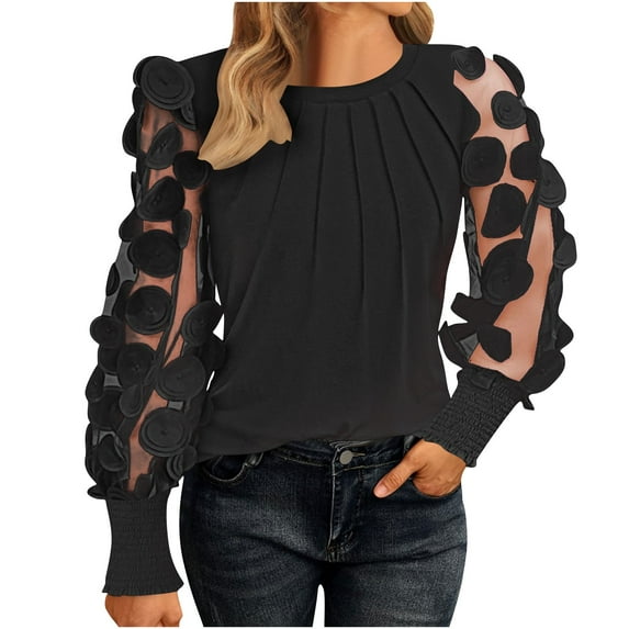 Ruimatai Women's Crew Neck Long Sleeve Tshirt Mesh Sleeve Pleated Blouse Casual Fashion Top for Daily Wear Party Work S-XL